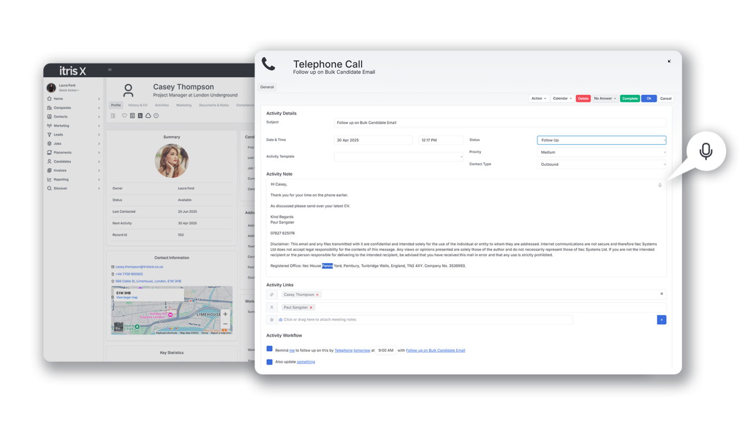 Speech-to-text dictation feature in a recruitment CRM for faster note-taking